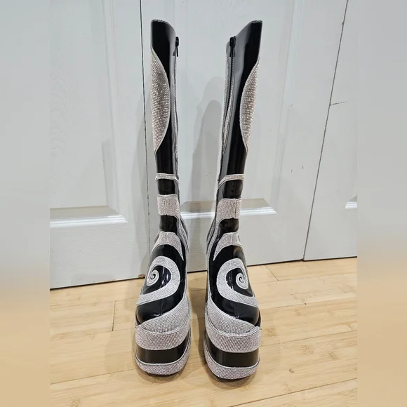 Dolls Kill Current Mood How Sweet It Is Platform Rhinestone Swirl Black Boots 8 - Picture 5 of 16